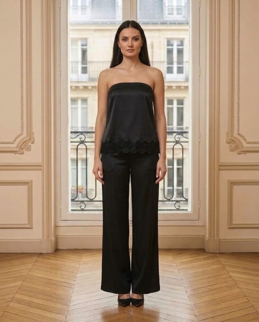 Ensemble bustier dentelle et pantalon satin noir – vue de face – Eymora