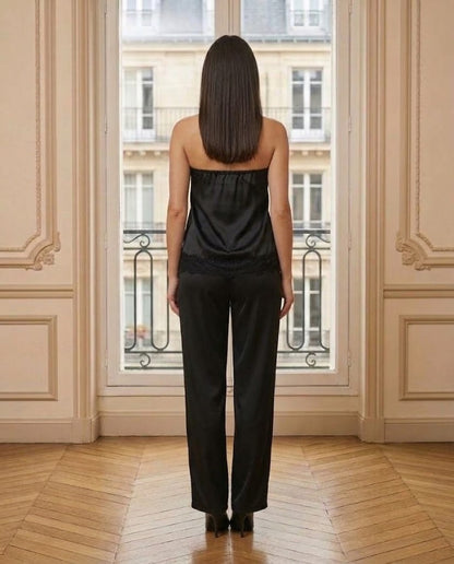 Ensemble bustier dentelle et pantalon satin noir – vue de dos – Eymora