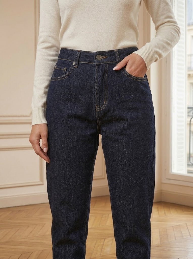 Jeans mom Jeanne marine – détail – Eymora