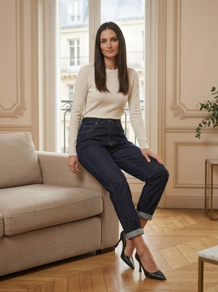 Jeans mom Jeanne marine – porté – Eymora