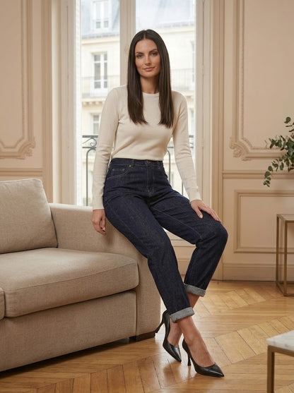 Jeans mom Jeanne marine – porté – Eymora