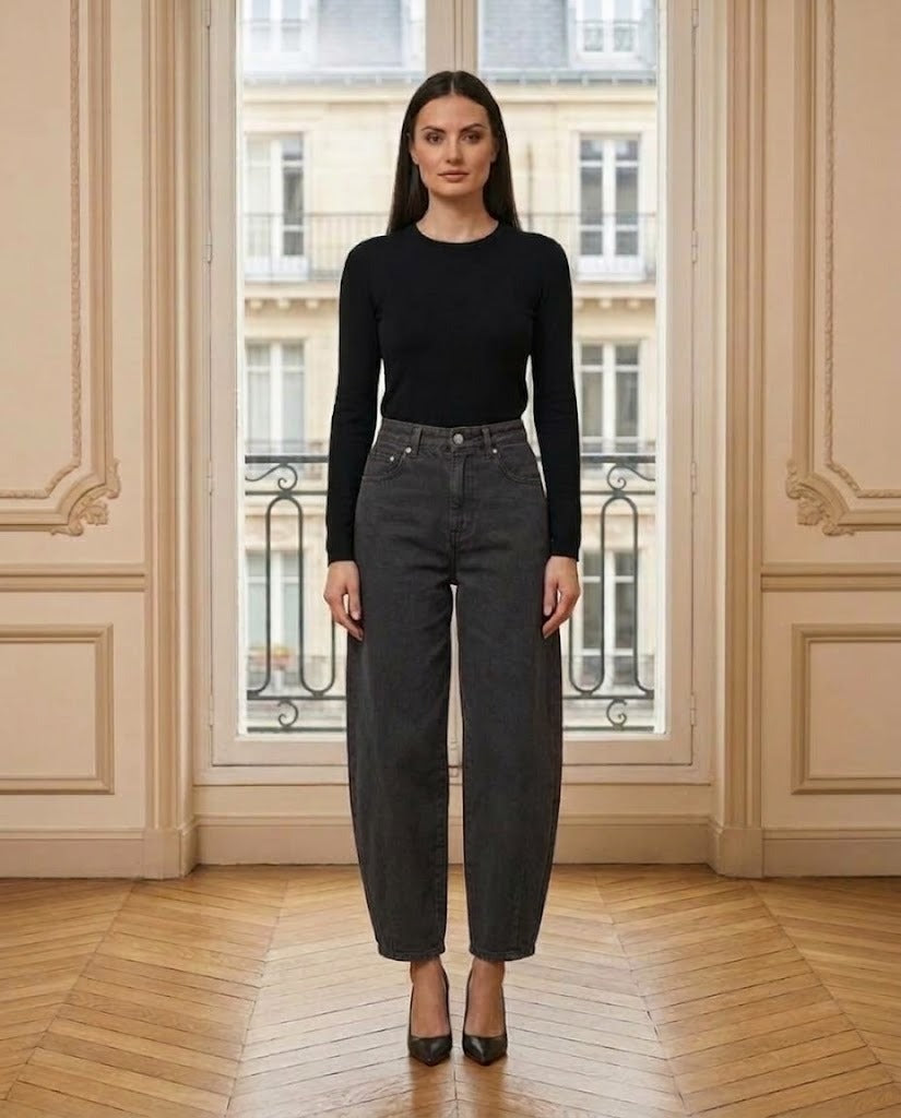 Jeans barrel Louisa anthracite – vue de face – Eymora