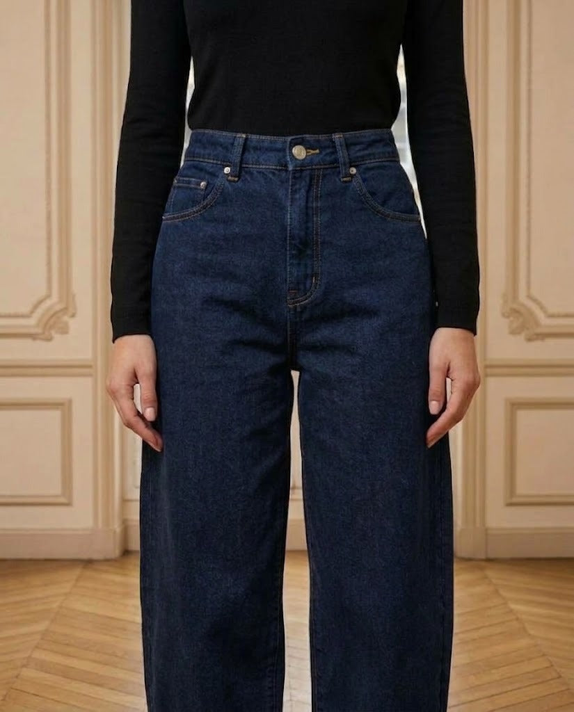 Jeans barrel Louisa bleu foncé – détail – Eymora