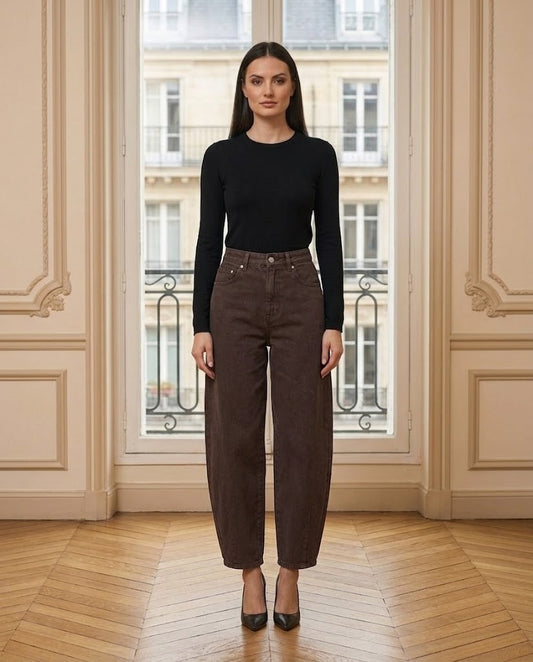 Jeans Barrel LOUISA café – de face – Eymora