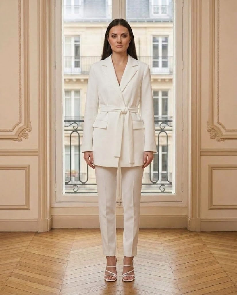 Blazer fluide ceinturé blanc – vue de face – Eymora