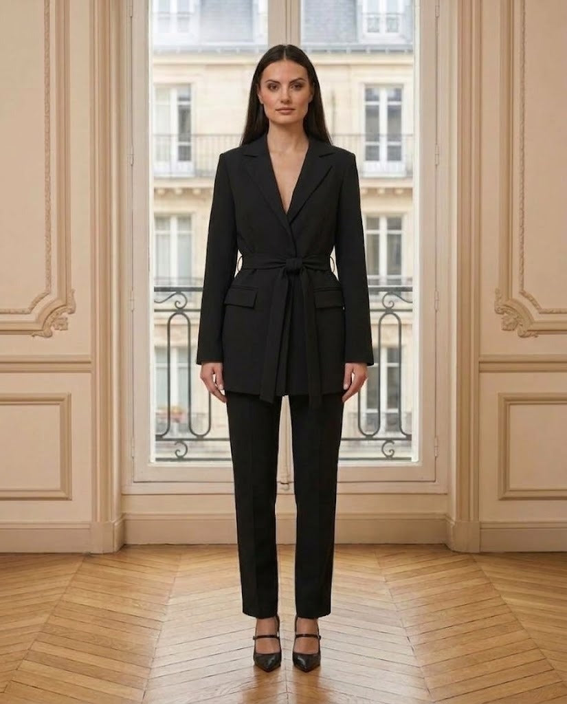 Blazer fluide ceinturé noir – vue de face – Eymora