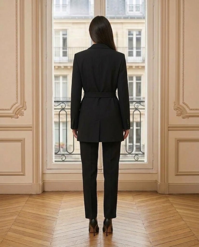 Blazer fluide ceinturé noir – vue de dos – Eymora