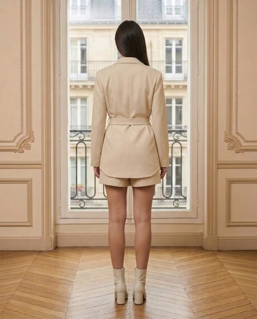 Blazer ceinturé beige – vue de dos – Eymora
