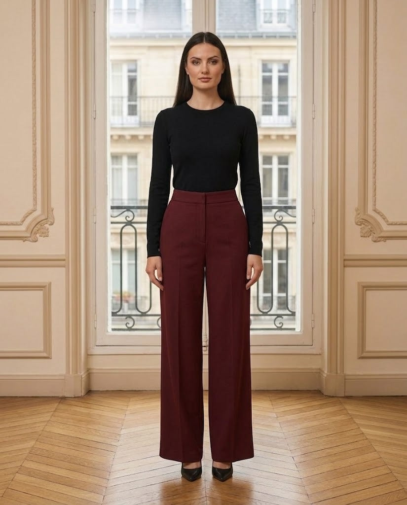 Pantalon Large Fluide Tailleur bordeaux – de face – Eymora