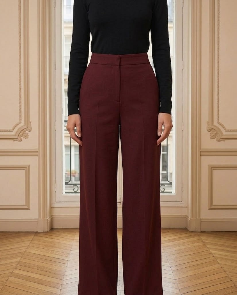 Pantalon Large Fluide Tailleur bordeaux – détail – Eymora