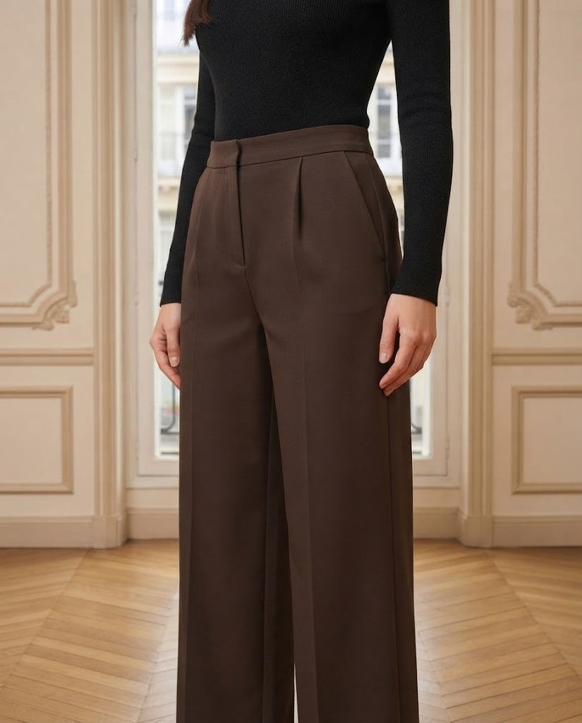 Pantalon large fluide Diane chocolat – détail – Eymora