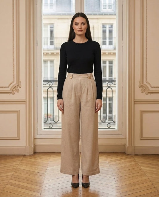 Pantalon Tailleur Texturé beige – de face – Eymora
