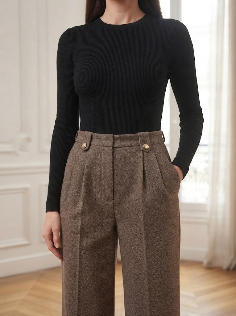 Pantalon tailleur texturé Susan brun – détail – Eymora
