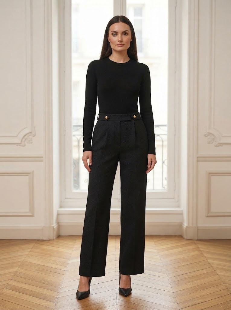 Pantalon tailleur texturé Susan noir – vue de face – Eymora