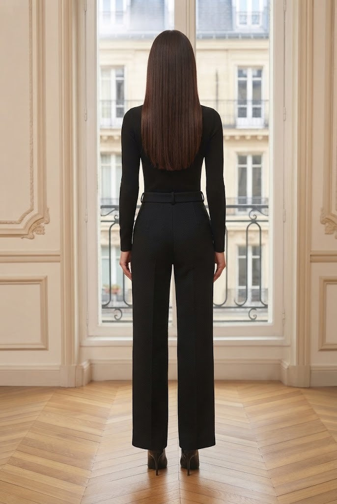 Pantalon tailleur texturé Susan noir – vue de dos – Eymora