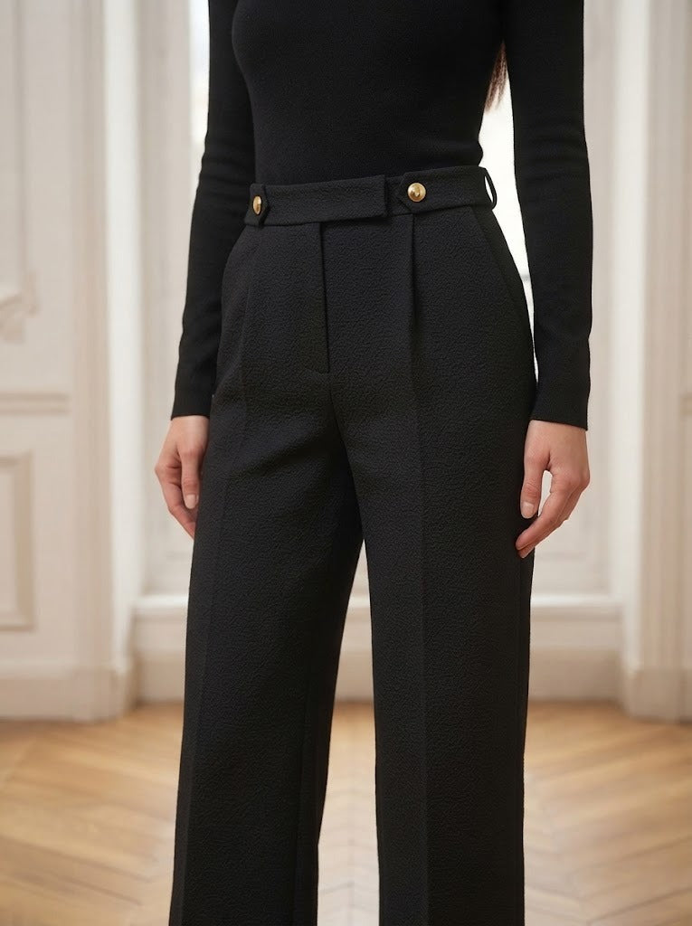 Pantalon tailleur texturé Susan noir – détail – Eymora