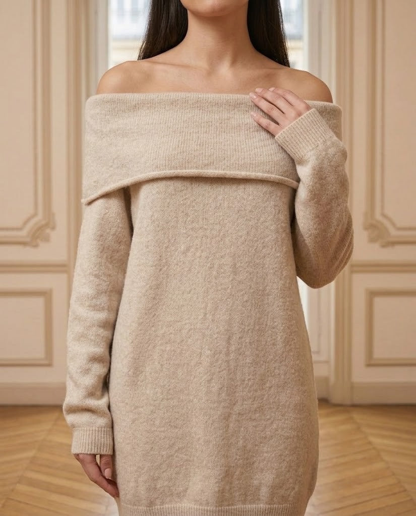 Robe pull épaules dénudées beige – détail – Eymora