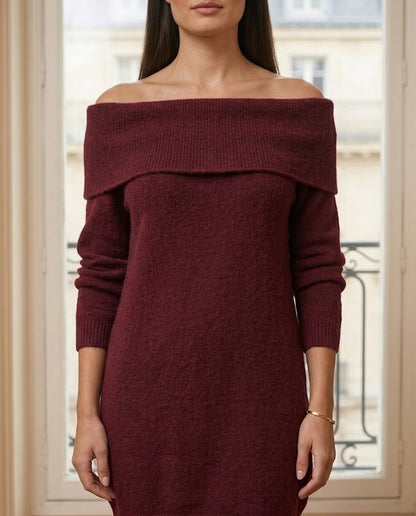 Robe pull épaules dénudées bordeaux – détail – Eymora