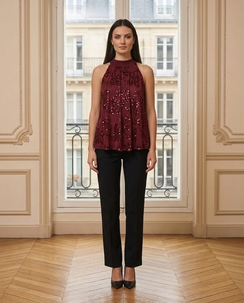Top sequins brodé bordeaux – de face – Eymora