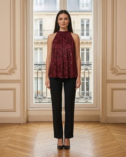 Top sequins brodé bordeaux – de face – Eymora