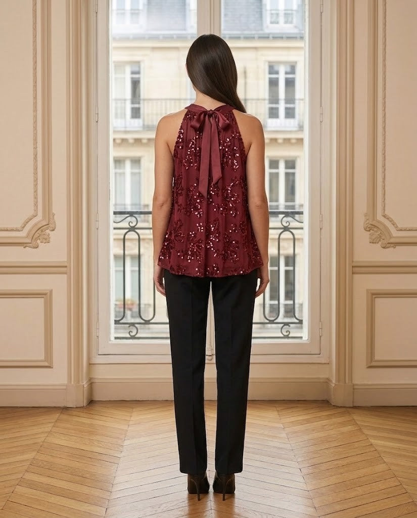 Top sequins brodé bordeaux – de dos – Eymora
