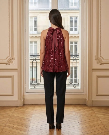 Top sequins brodé bordeaux – de dos – Eymora