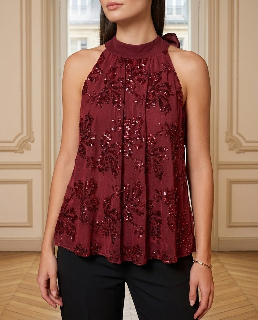 Top sequins brodé bordeaux – détail – Eymora