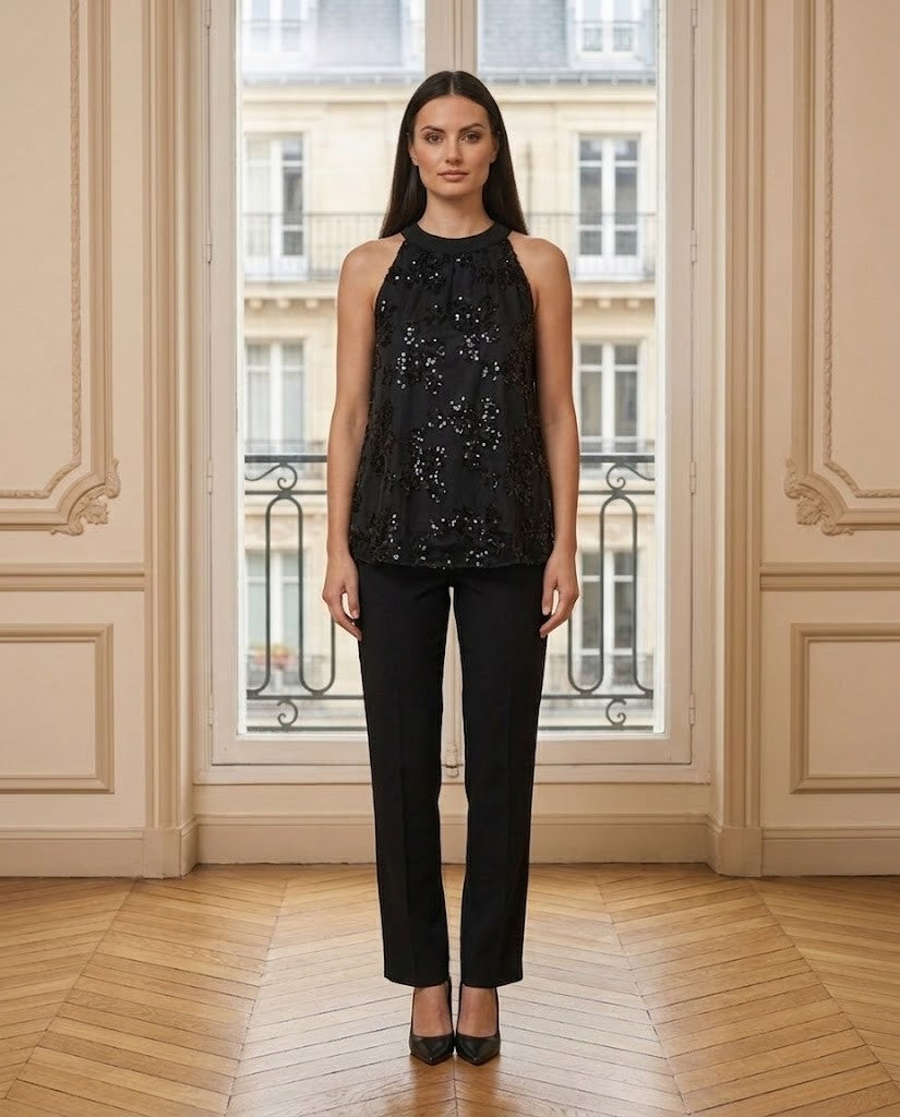 Top sequins brodé noir – de face – Eymora
