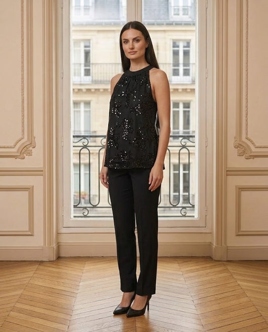 Top sequins brodé noir – de trois-quarts – Eymora