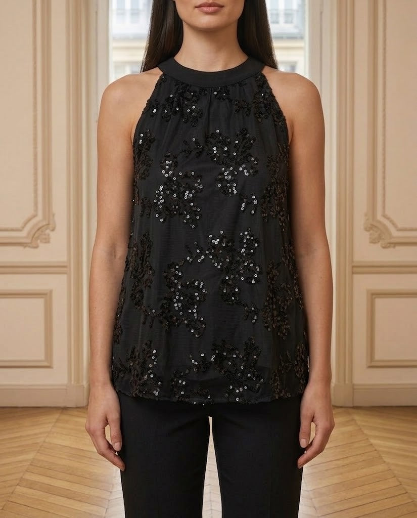 Top sequins brodé noir – détail – Eymora