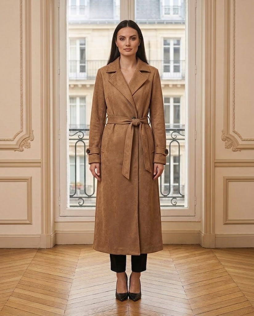 Trench long ceinturé camel – de face – Eymora