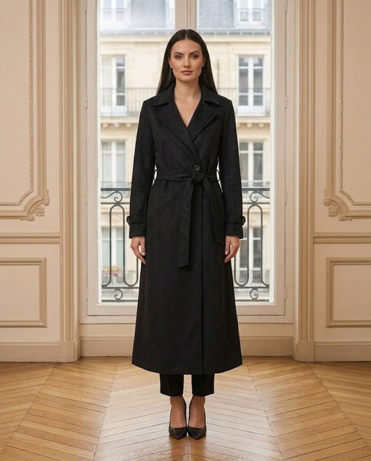 Trench long ceinturé noir – de face – Eymora