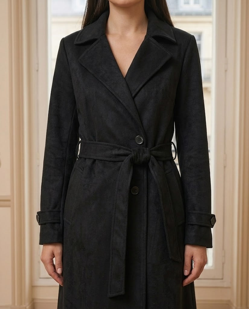 Trench long ceinturé noir – détail – Eymora