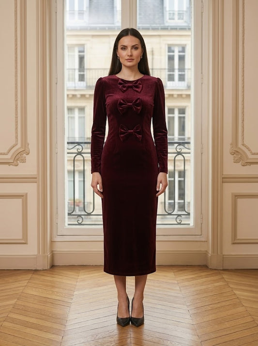 Robe velours mi-longue à nœuds bordeaux – vue de face – Eymora
