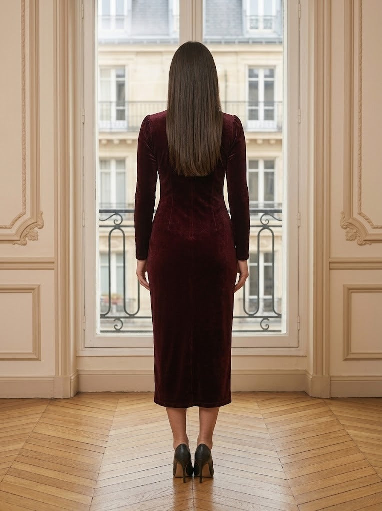 Robe velours mi-longue à nœuds bordeaux – vue de dos – Eymora