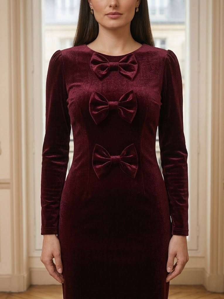 Robe velours mi-longue à nœuds bordeaux – détail – Eymora