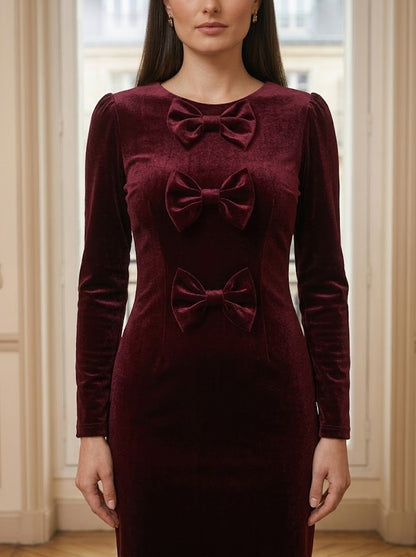 Robe velours mi-longue à nœuds bordeaux – détail – Eymora