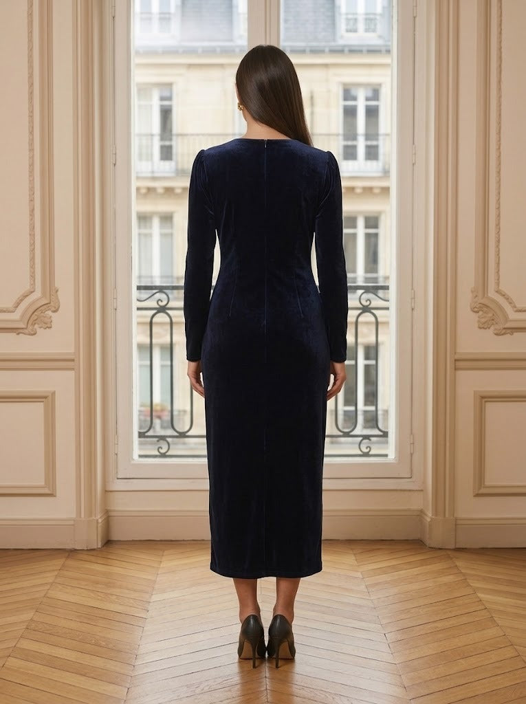Robe velours mi-longue à nœuds marine – vue de dos – Eymora