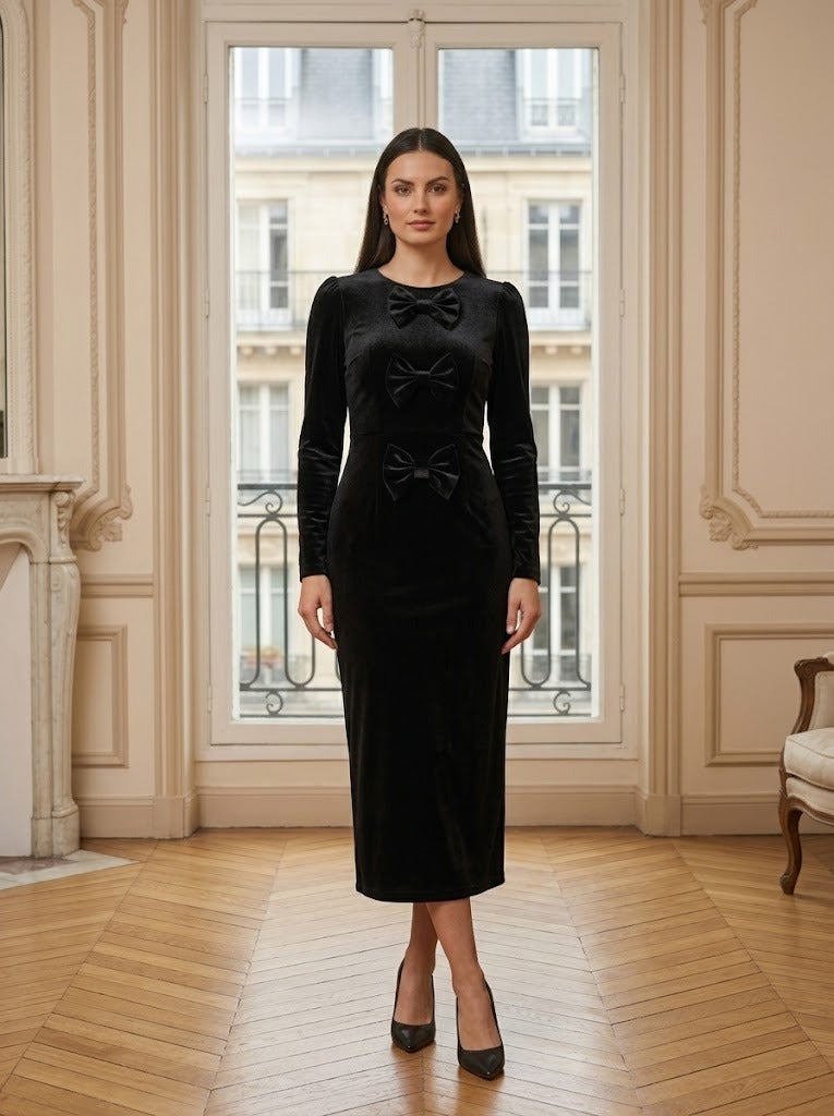 Robe velours mi-longue à nœuds noir – vue de face – Eymora
