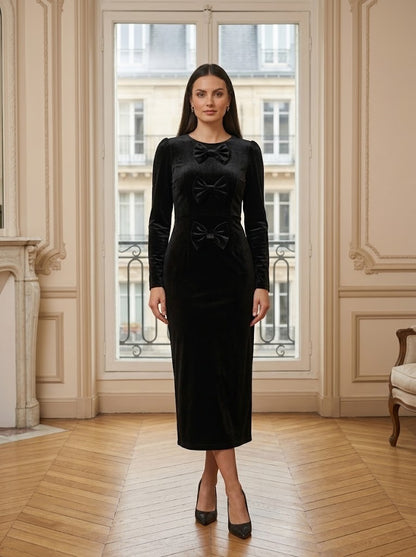 Robe velours mi-longue à nœuds noir – vue de face – Eymora