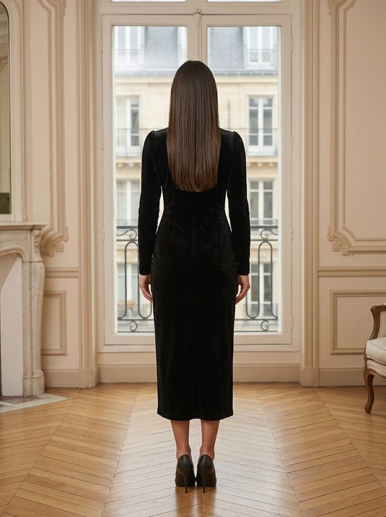 Robe velours mi-longue à nœuds noir – vue de dos – Eymora