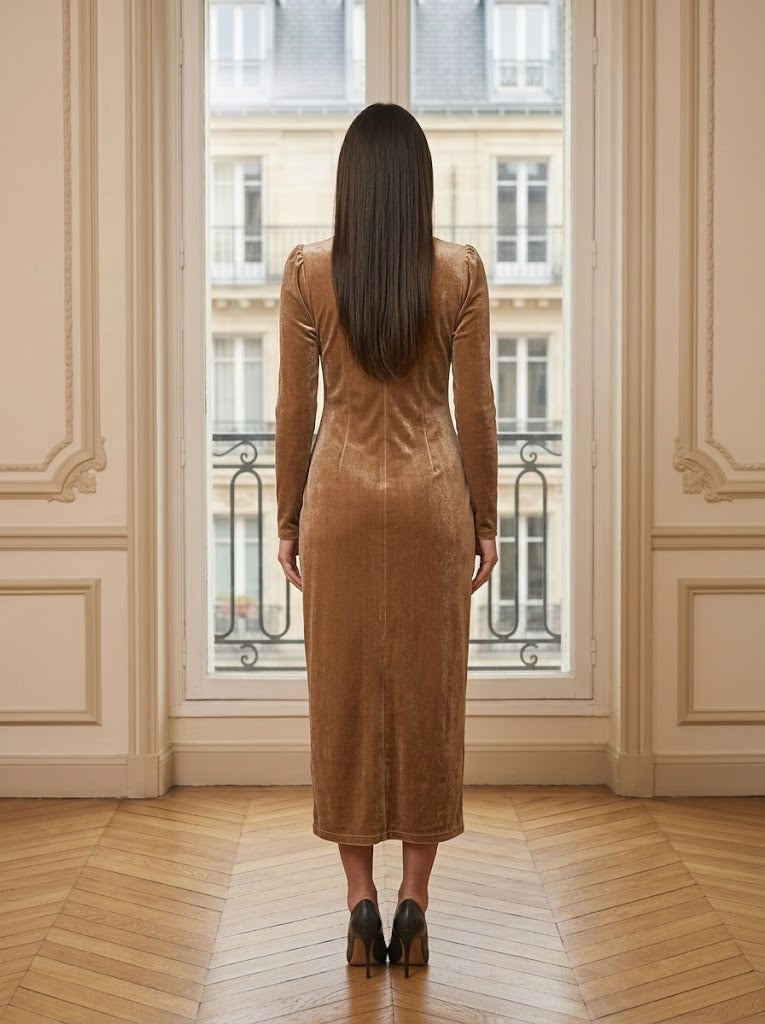 Robe velours mi-longue à nœuds camel – vue de dos – Eymora