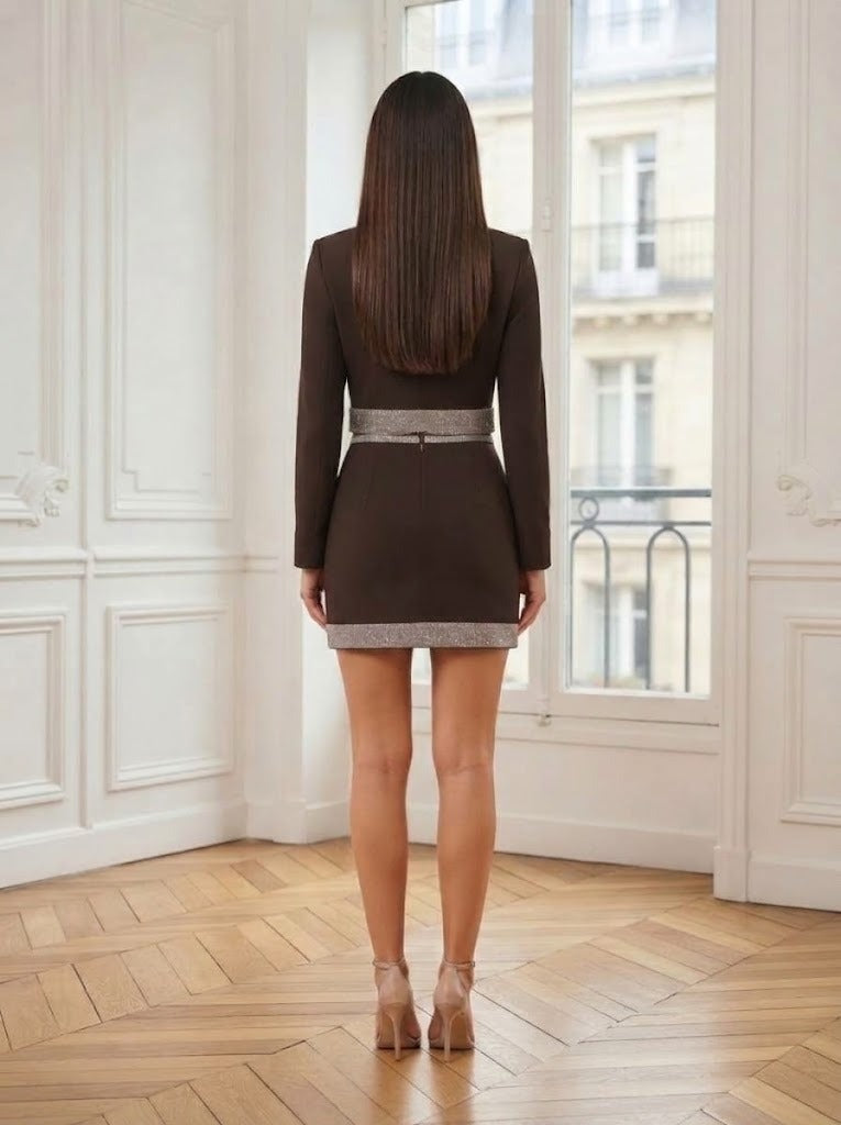 Ensemble blazer et jupe à strass chocolat – vue de dos – Eymora