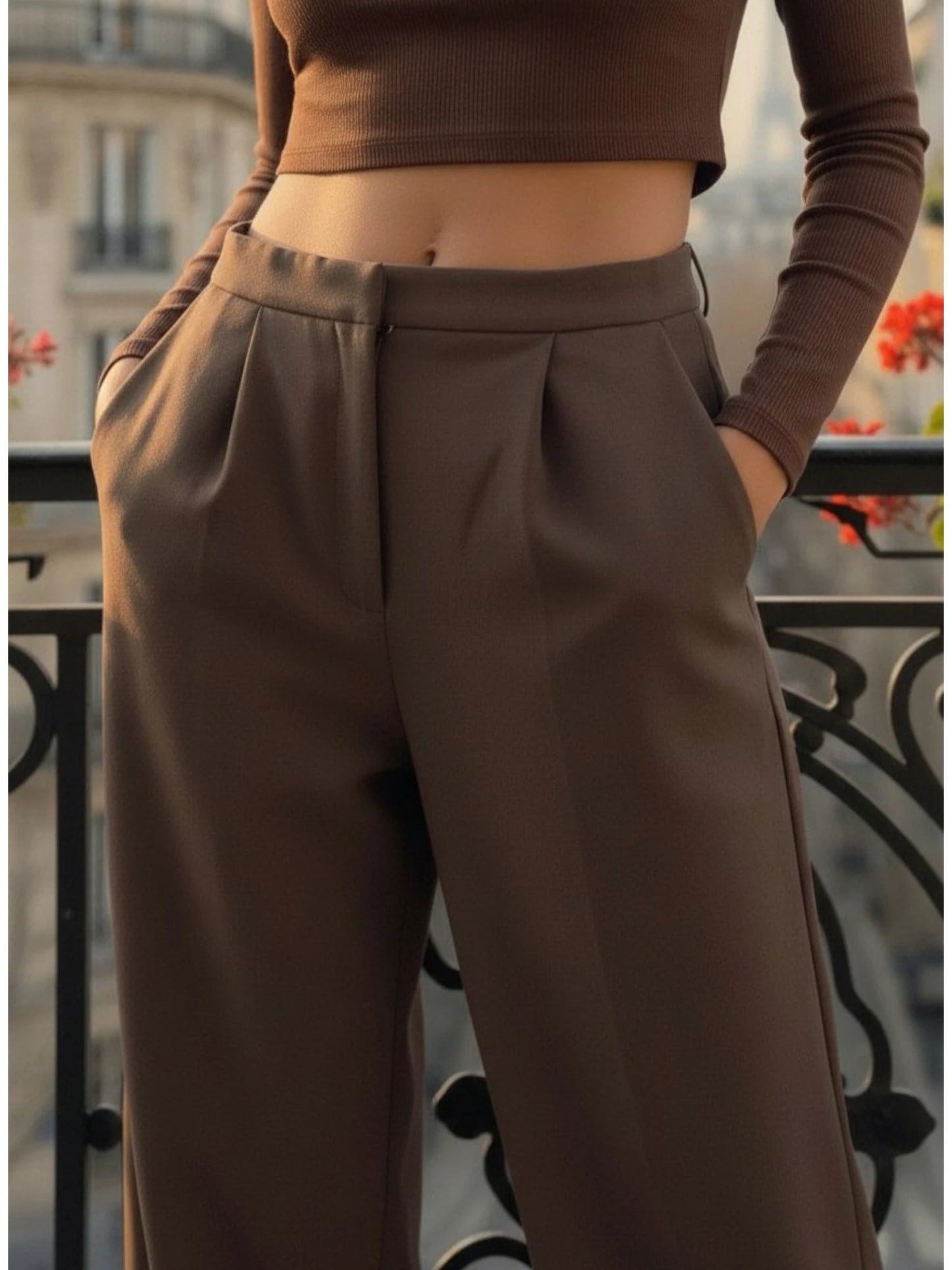 Pantalon Large Fluide Tailleur Chocolat – Élégance Intemporelle