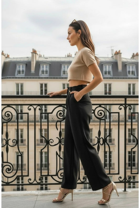 Pantalon Tailleur Texturé Noir – Élégance Intemporelle