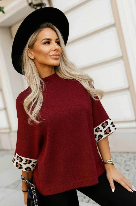 Pull col montant à manches revers léopard