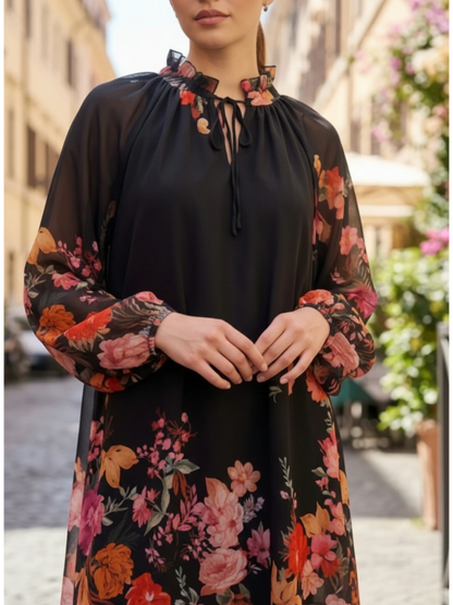 Robe Fluide Fleurie à Manches Ballon – Chic & Décontractée