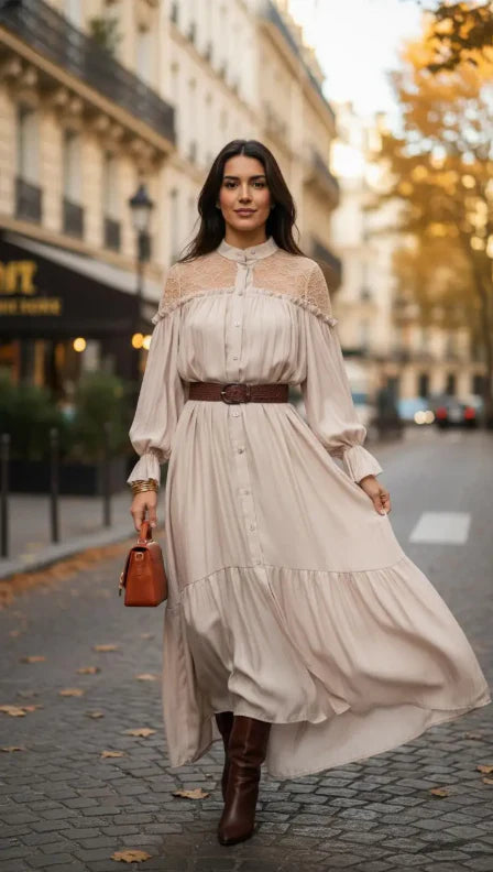 Robe Longue Fluide à Détails Dentelle