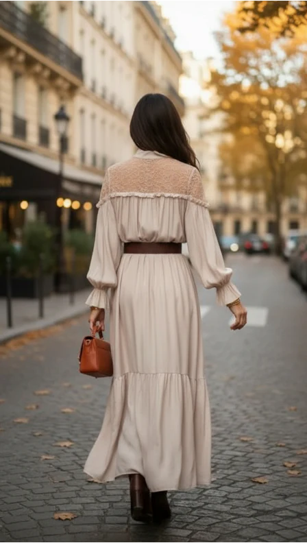 Robe Longue Fluide à Détails Dentelle