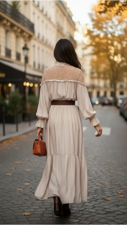 Robe Longue Fluide à Détails Dentelle